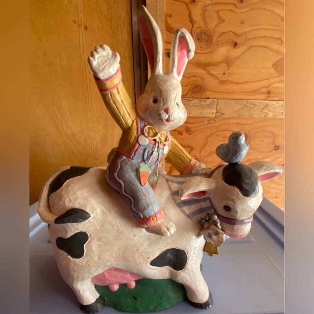 Midwest Importers of Cannon Falls  Easter Bunny Riding Cow Musical Figurine